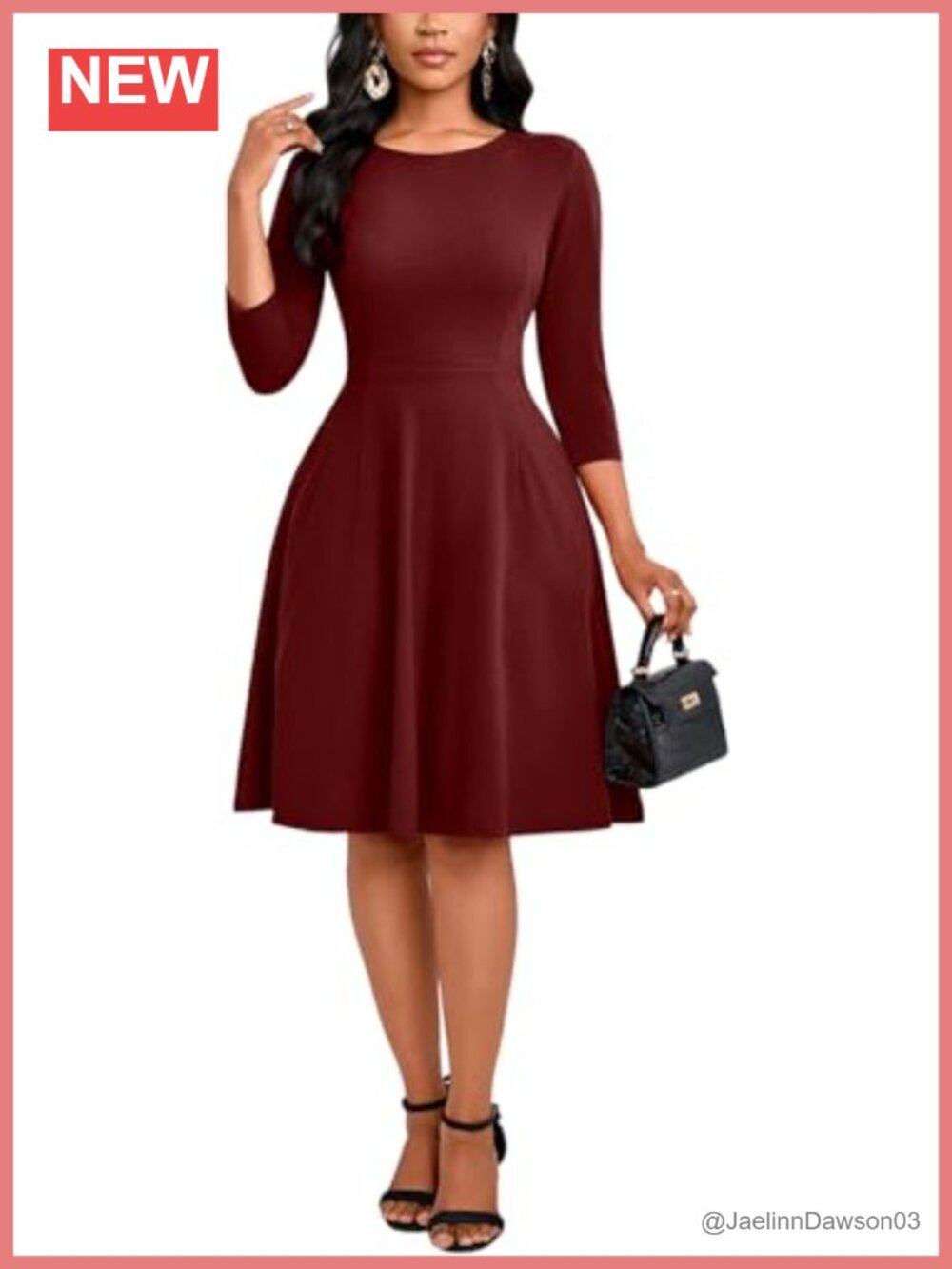 Women's Flowy Maxi Dress 3/4 Sleeve Crew Neck Swing Pleated with Pockets